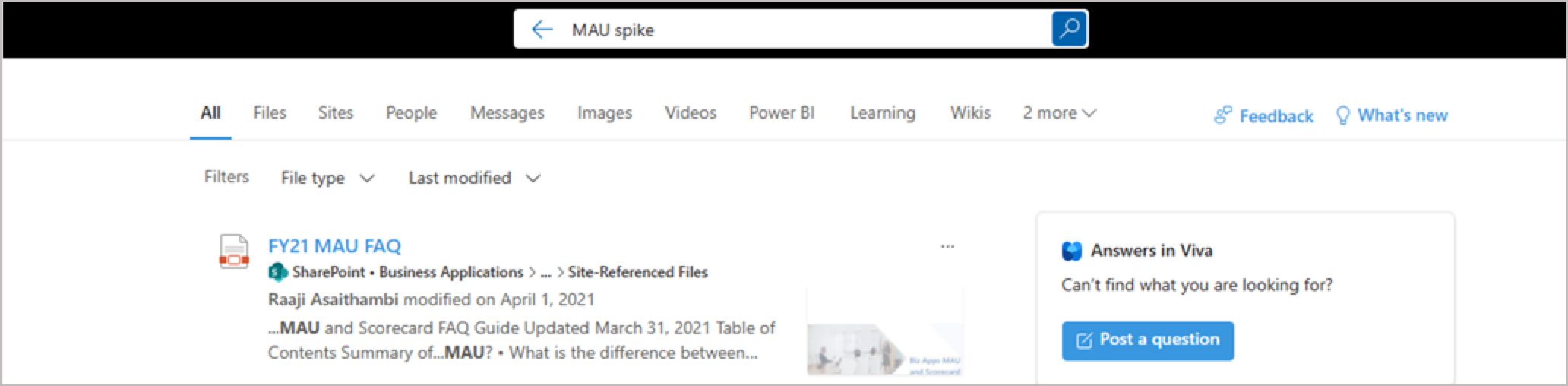 Esta captura de pantalla muestra cómo puedes buscar contenido de respuestas en todas las superficies de Microsoft.