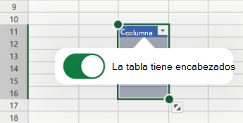 Opción La tabla tiene encabezados seleccionada en Excel para iOS