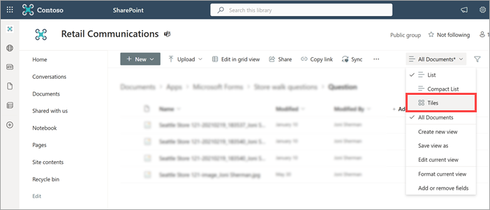 Captura de pantalla que muestra la opción Mosaicos para ver los archivos de formulario cargados.