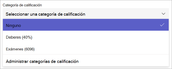 captura de pantalla de la lista desplegable de categoría de calificación en la creación de tareas