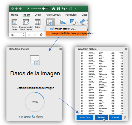 Captura de pantalla del botón Datos de imagen, y el panel lateral que muestra el progreso del análisis de la imagen y luego la vista previa de los datos a insertar.