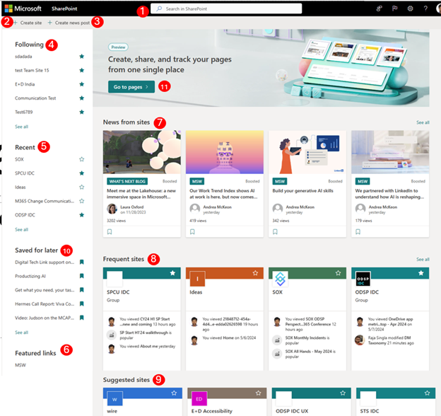 Captura de pantalla de la nueva página de inicio de SharePoint