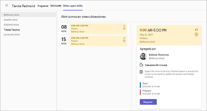 Captura de pantalla que muestra cómo solicitar un turno abierto en otra ubicación.