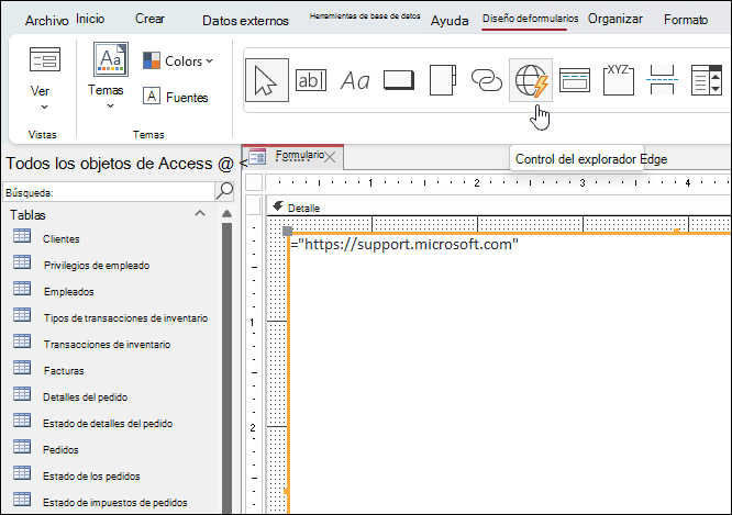 Botón Control del explorador Edge en la pestaña diseño de formulario de la cinta de opciones de Microsoft Access