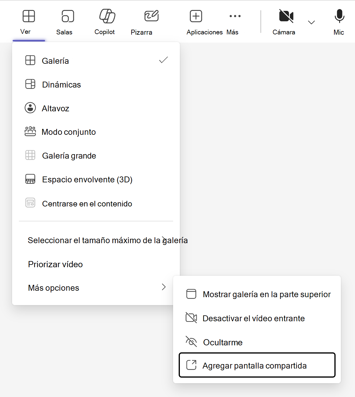 El conmutador de vista, indicado por el botón "Ver" en la barra de menús de la reunión de Teams, contiene una opción para agregar un modo de visualización compartido en el submenú "Más opciones".