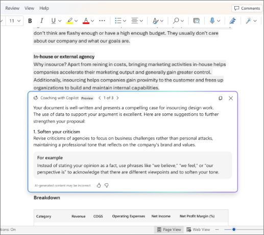 Muestra sugerencias de asesoramiento en Word.