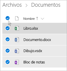 Captura de pantalla de selección de todos los archivos y carpetas en OneDrive