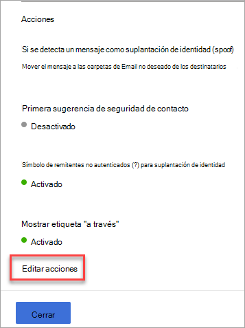 El panel de acciones de la directiva contra suplantación de identidad (anti-phishing) con una flecha que apunta al vínculo Editar acciones.