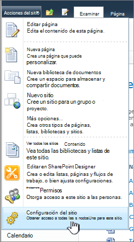 Configuración del sitio en el menú acciones del sitio