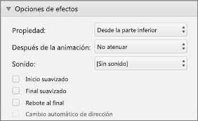 Modificar el comportamiento de la animación con Opciones de efectos en el panel Animaciones
