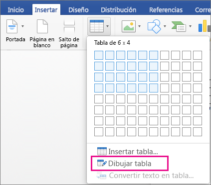 La opción Dibujar tabla está resaltada para crear una tabla personalizada