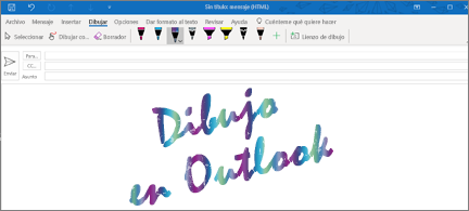 Mensaje de correo electrónico con "Drawing in Outlook" ("Dibujar en Outlook") escrito con la entrada de lápiz brillante