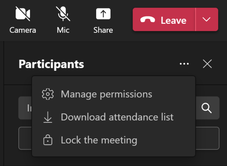 Imagen que muestra la lista desplegable Participantes con la opción bloquear reunión.