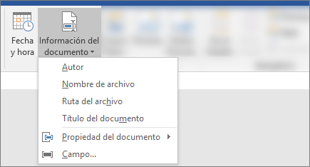 Captura de pantalla que muestra información del documento y botones & hora en la cinta de Opciones de Word