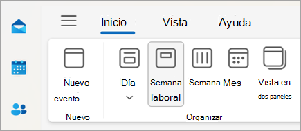 Captura de pantalla de la cinta de opciones en el nuevo Outlook con selecciones para cambiar la vista de calendario