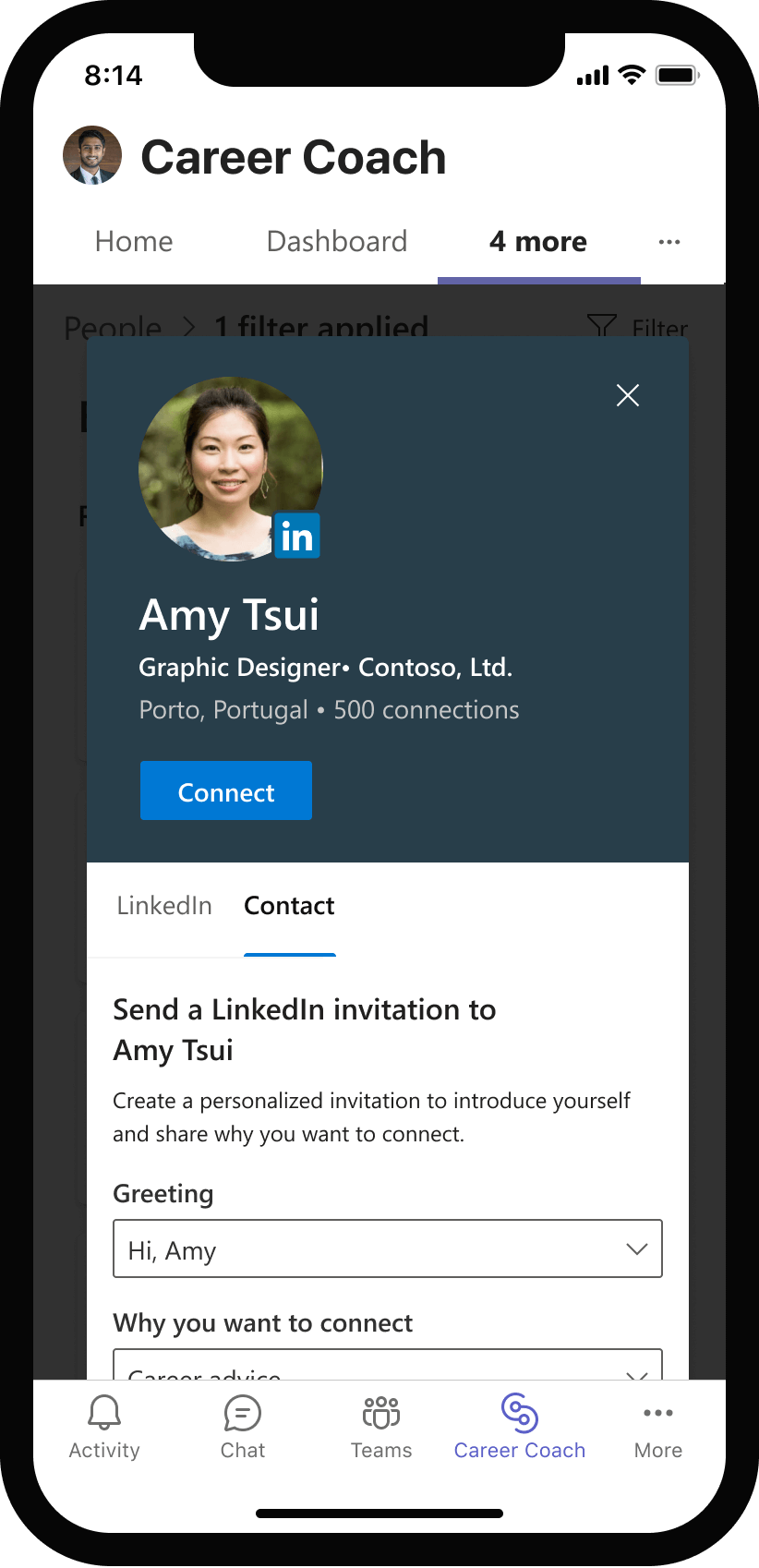 Captura de pantalla de la aplicación de LinkedIn en un teléfono móvil que muestra a alguien que se conecta con una nota.