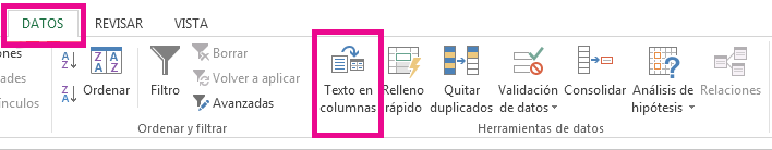 El icono "Texto en columnas" está en la pestaña Datos.