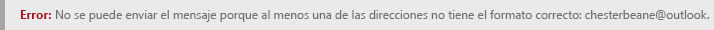 Captura de pantalla de una dirección con formato erróneo en Outlook.com.