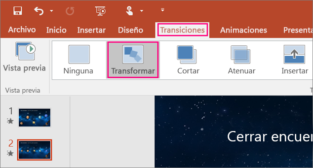 Muestra la transición Transformación en el menú Transiciones de PowerPoint 2016