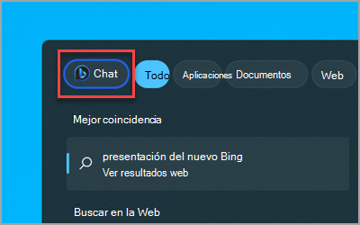 El nuevo botón Chat de Bing en el cuadro Windows 11 búsqueda de la barra de tareas.