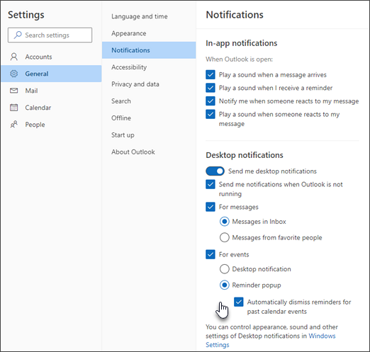Captura de pantalla que muestra cómo activar avisos en el nuevo Outlook para Windows