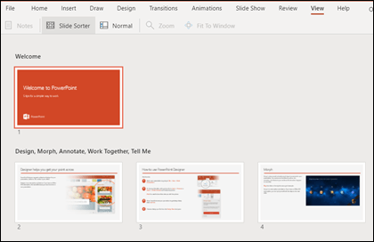 Vista Clasificador de diapositivas en PowerPoint para la Web.