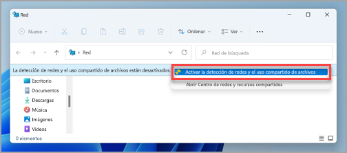 El mensaje Redes y uso compartido de archivos en el panel Red de Windows 11.