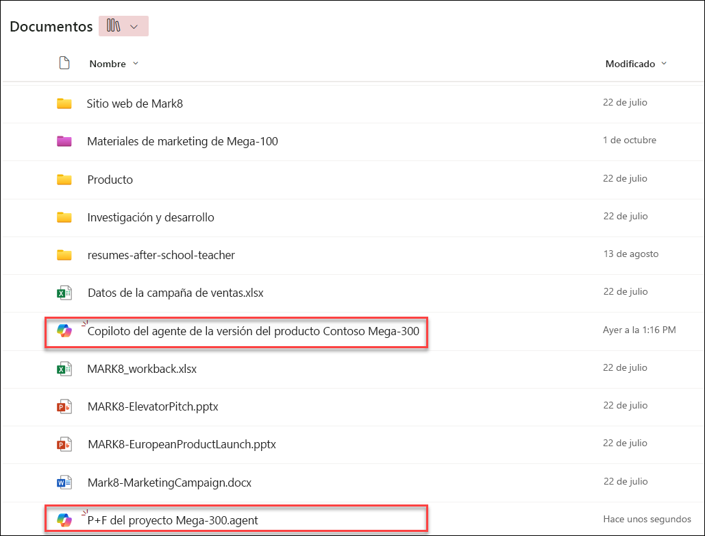 captura de pantalla de los agentes de copilot guardados en la carpeta de biblioteca de documentos actual