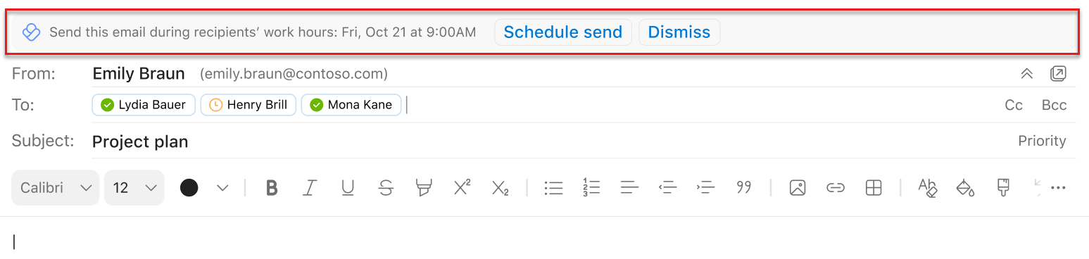Captura de pantalla de una sugerencia de envío de programación en Outlook para Mac resaltada encima de la línea De