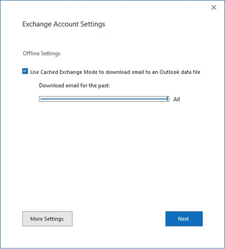 Ventana configuración de la cuenta de Exchange con el control deslizante de sincronización del modo en caché, descargar correo electrónico para el pasado establecido en Todo