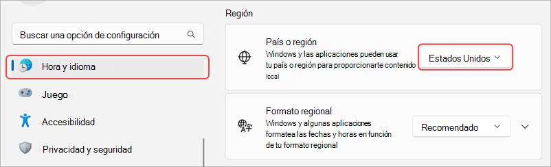 Configuración regional en un dispositivo Windows.
