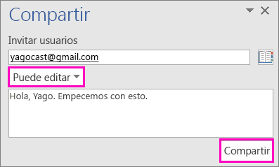 Las opciones Pueden editar y Compartir están resaltadas en el cuadro de diálogo Compartir