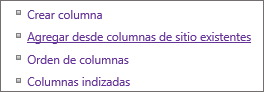 Primer plano del vínculo Agregar columna existente en la página Configuración