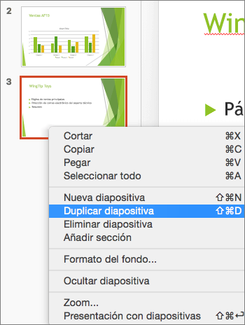 Captura de pantalla que muestra una diapositiva seleccionada y la opción Duplicar diapositiva seleccionada en el menú contextual.
