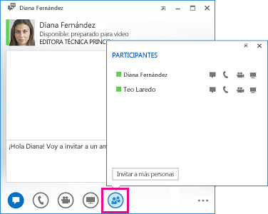 Captura de pantalla de la ventana de conversación con el botón Invitar más personas y el cuadro de diálogo