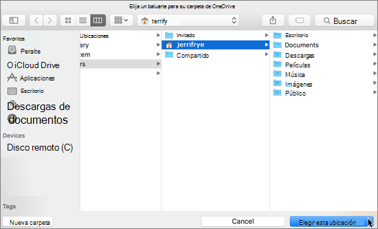 Captura de pantalla de elección de una ubicación de carpeta en el asistente de bienvenida a OneDrive en un equipo Mac