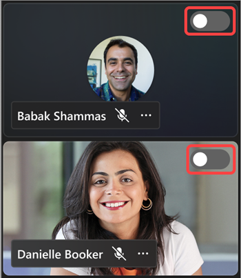Captura de pantalla que muestra el botón de alternancia que quita a las personas de la pantalla de la reunión durante un evento de Teams
