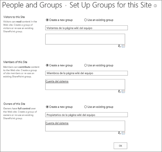 Cuadro de diálogo Configurar grupos para el sitio