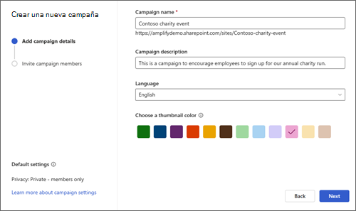 Captura de pantalla del panel de configuración donde selecciona el nombre, la descripción, el idioma y el color de la miniatura.