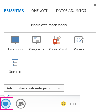 Captura de pantalla de la pestaña Presentar que muestra los modos de presentación Escritorio, Programa, PowerPoint, Pizarra y Diapositiva