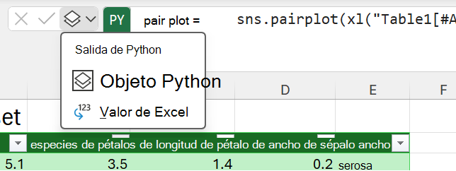 Use el menú de salida de Python junto a la barra de fórmulas para cambiar el tipo de salida.