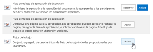 Característica de la colección de sitios habilitar flujos de trabajo