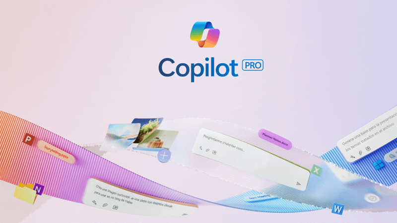 Logotipo de Copilot rodeado de cintas de colores