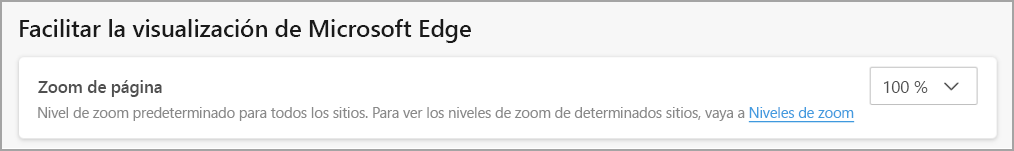 Configuración del menú de Microsoft Edge para ajustar el zoom de la página.
