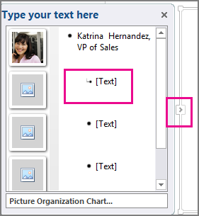 Panel Texto del gráfico SmartArt con [Texto] y control del panel Texto resaltado
