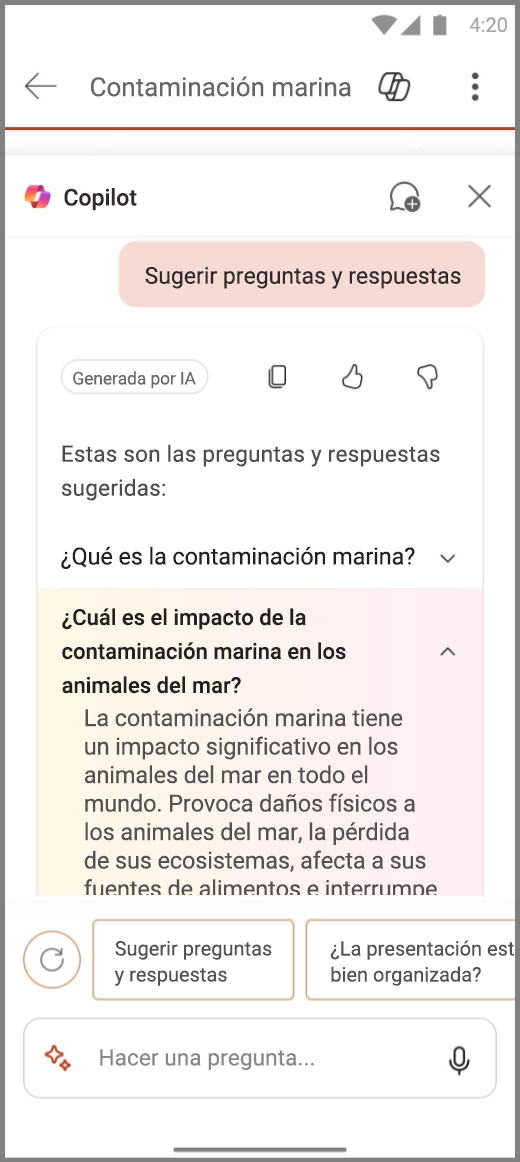Captura de pantalla de Copilot en PowerPoint en Android con los resultados del mensaje Sugerir algunas preguntas y respuestas