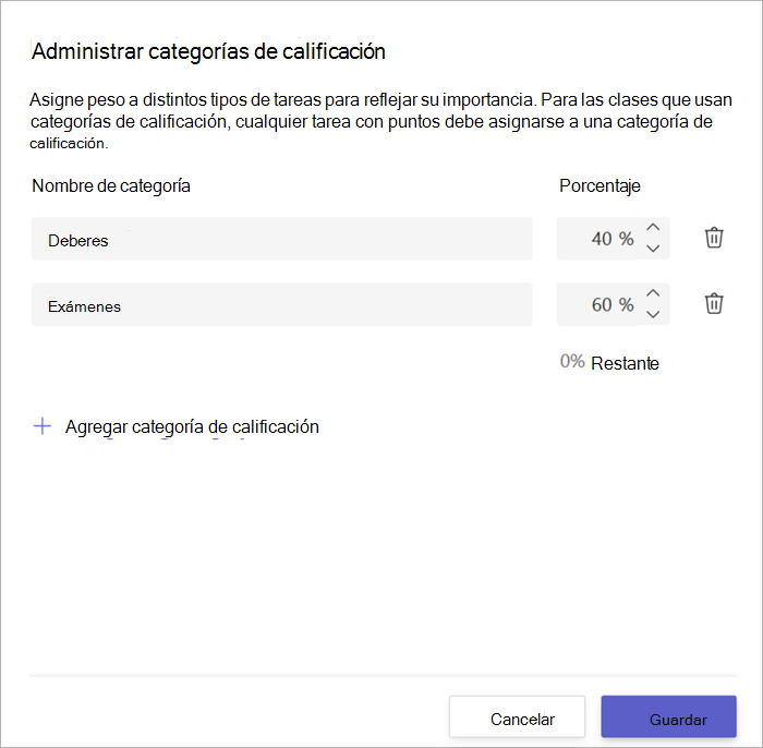 captura de pantalla de la ventana de categorías de calificación que muestra 2 categorías, deberes para el 40% y exámenes para el 60%