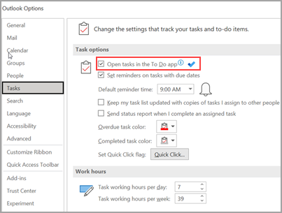 Captura de pantalla que muestra "Tareas" resaltado en el panel izquierdo y "Abrir tareas en la aplicación Tareas pendientes" en un círculo a la derecha.