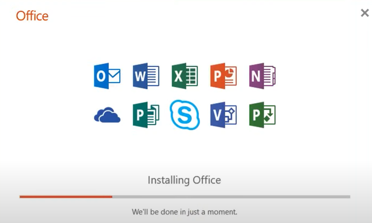 Captura de pantalla de la instalación de la aplicación de Office