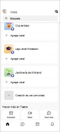 Pantalla móvil de comunidades gratuitas de Teams